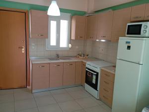 a kitchen with a white refrigerator and a sink at Mavridis Rooms in Nikiti