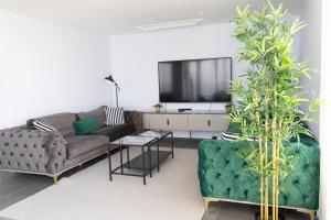 チェシメにあるLuxury Panoramic Sea View Penthouse with Private Poolのソファと薄型テレビのあるリビングルーム