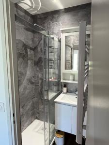 een badkamer met een douche en een wastafel bij La Rive in Le Bourg-dʼOisans