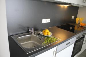 eine Küche mit Spüle und Obstteller in der Unterkunft Zimmer in Wohngemeinschaft im Land of Living Regensburg in Kelheim