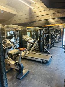 a gym with several exercise bikes and treadmills at Villa Palmera in Olivella