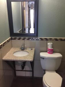 a bathroom with a toilet and a sink and a mirror at Park Motel in Los Angeles