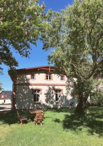 een huis met een boom en een bank in het gras bij Kaiserhof Schwennenz in Grambow