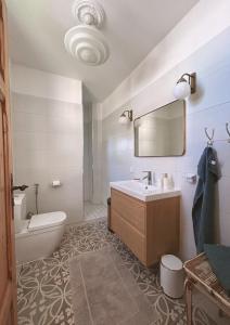 een badkamer met een wastafel, een toilet en een spiegel bij Kaiserhof Schwennenz in Grambow