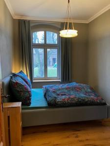 een slaapkamer met een bed met een raam en kussens bij Kaiserhof Schwennenz in Grambow +22 foto's
