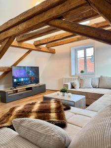 TV a/nebo společenská místnost v ubytování Good Wood Apartment - Modernes Fachwerk am Marktplatz in Freudenstadt