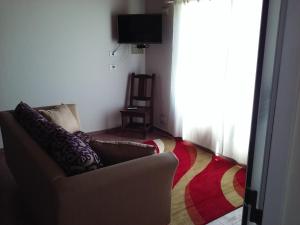 Una sala de estar con un sofá y un televisor. en Complejo Las Cortaderas, en San Rafael
