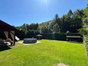 a yard with a fire pit in the grass at Tabakowa Chata in Zawoja