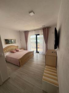 a bedroom with a bed and a television in it at Casa Elaria in Sviniţa