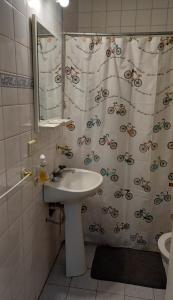 Un baño con lavabo y cortina de ducha con bicicletas. en Vista al Beagle, en Ushuaia