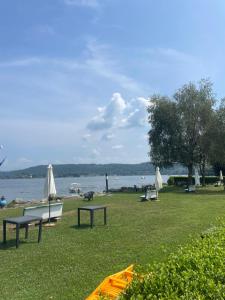 a group of picnic tables and umbrellas on the grass by the water at Bnbook Emozione Lago in Dormelletto