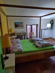a bedroom with a large bed with a green mattress at LA CASA AL BREMBO b&b in Paladina