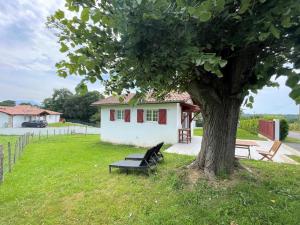 a bench sitting under a tree next to a house at Etxe ttikia in Ahetze +4 photos