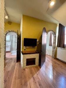 a living room with a tv and a fireplace at City Flats by Lybeer Hotel Group in Bruges