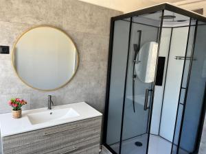 a bathroom with a sink and a mirror at Au cœur de la Meuse in Damvillers +3 photos