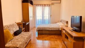 a living room with a bed and a couch and a television at Budva Summer House in Budva