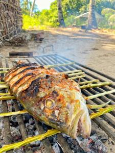 un poisson est en train de cuisiner sur un grill dans l'établissement Ravoravo beach house Nosy Be-Atanfondro, à Antafondro