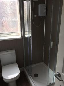 a bathroom with a toilet and a glass shower at Warm & Cozy 3-Bed Apartment at Kexgill in Middlesbrough