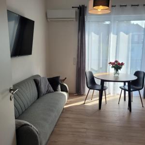 a living room with a couch and a table at Neues Ruhrtal Apartment 3 mit Klimaanlage, Balkon in Wickede (Ruhr) +8 photos