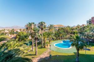 une vue aérienne d'une piscine de complexe hôtelier avec des palmiers dans l'établissement Las Lomas de Bonalba, à Mutxamel