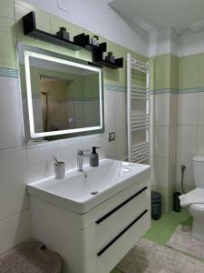 a bathroom with a white sink and a mirror at Albanian Oasis in Gjirokastër