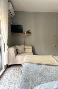 a living room with a couch and a tv at Albanian Oasis in Gjirokastër