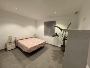 Un dormitorio con una cama y una planta en maceta. en Villa Oasis, en Albacete 10 fotos más