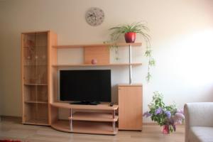 a wooden entertainment center with a flat screen tv at Jannseni 25 Apartment in Pärnu