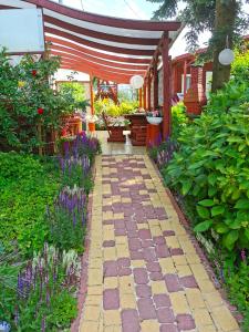 a garden with a pathway with purple flowers and a tent at Domek Piaski Nad Morzem in Krynica Morska