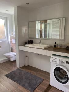 a bathroom with a sink and a washing machine at Ferienhaus im Grünen in Bad Hersfeld +6 photos