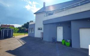 un bâtiment bleu avec une porte blanche et deux pots verts dans l'établissement Résidence Abyssia, à Ensisheim 8 autres photos