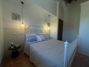 a bedroom with a white bed with blue pillows at Villa Kima tartufo in Toscella +24 photos