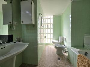 ein grünes Bad mit einem Waschbecken und einem WC in der Unterkunft Apartamento Playa de Gandia in Puerto de Gandía + 11 Fotos