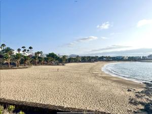 a sandy beach with palm trees and the ocean at Barraquito - Pool - 100M to Playa de Las Cucharas By Lanzarote Vacation Homes in Costa Teguise