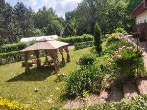a garden with a picnic table and an umbrella at Leśne Zacisze in Kretowiny