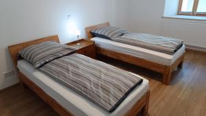 Dos camas individuales en un dormitorio con lámpara. en Ferienwohnungen zur POST 1, en Breitenbrunn