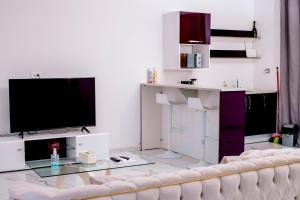 a living room with a couch and a flat screen tv at Résidences Millenium Suites Yakro in Yamussukro
