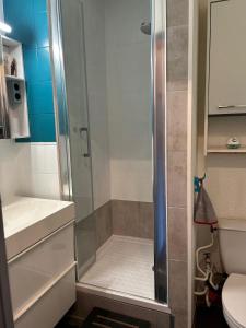 a shower with a glass door in a bathroom at Au Pacific Studio avec jardin à 3 mn des plages in La Grande-Motte