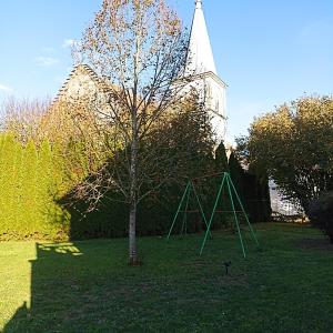 a tree in the grass next to a church at Gite du lavoir in Sirod +2 photos
