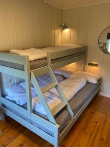 two bunk beds in a small room with wood floors at Fjellheimens Svanebu in Tyinkrysset