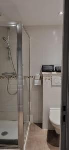 a bathroom with a toilet and a glass shower at Hôtel Restaurant La Terrasse in Saugues