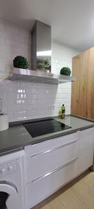a kitchen with white appliances and potted plants on the counter at Vivienda Rural Sentirte La Casita in Aracena