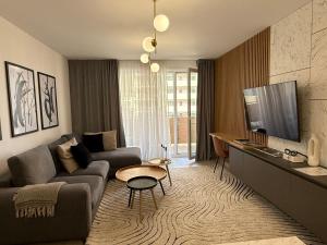 a living room with a couch and a tv at Chic Condo at Urban in Braşov