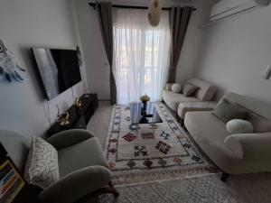 a living room with two couches and a television at Modern City Apartment in Cairo