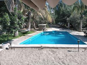 a swimming pool in the middle of a yard with trees at Cabañas o habitación en Fundo Huabayor in Lima