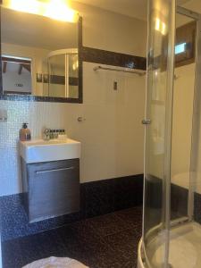 a bathroom with a sink and a shower at Maniatis Garden in Achladies