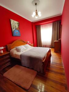 a bedroom with red walls and a large bed at Vivienda Turística Mou in Arzúa