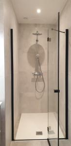 a shower with a glass door in a bathroom at Le château in Annecy +23 photos