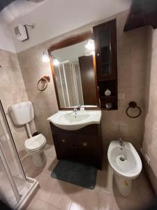 a bathroom with a sink and a toilet and a mirror at Casa Izabella in Tarvisio
