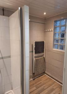 a walk in shower in a room with a window at Maison Cosy Saumur in Saumur +14 photos